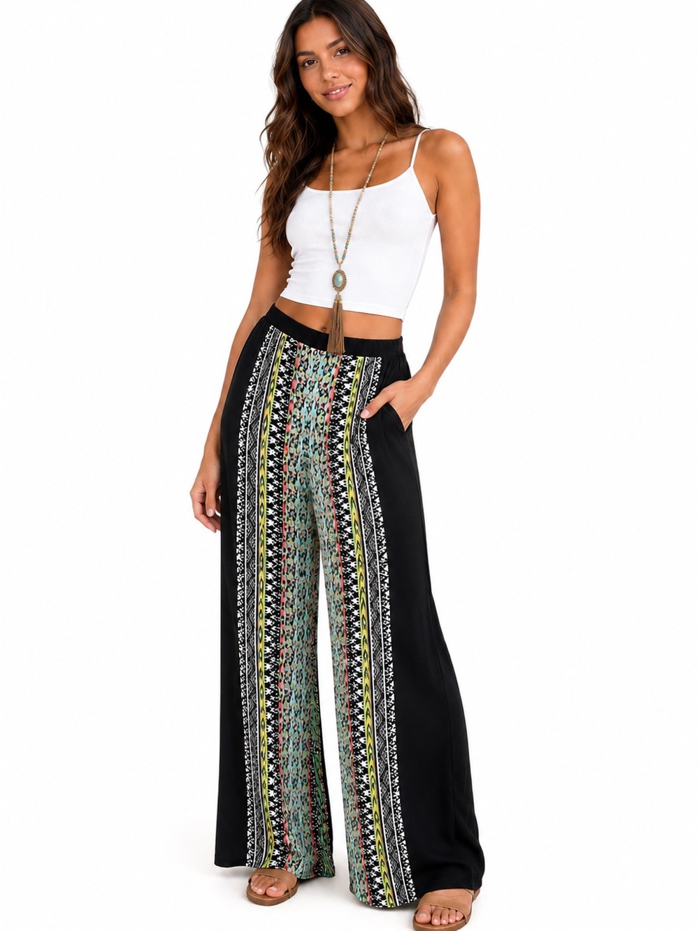 Wide Leg Printed Panel Pants - Black neon palazzo boho pockets NEW